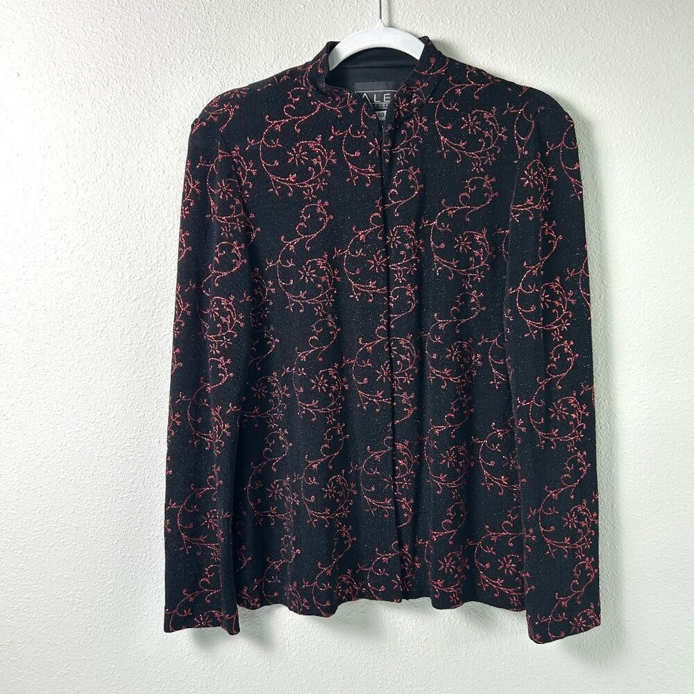 Alex Evenings Jacket Size 10 Black Red Metallic Stretch Hook Eye Closure Vintage